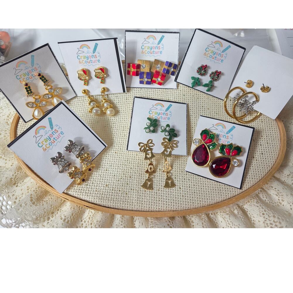 Vintage Christmas Earrings Holiday Santa Angels Holly Rhinestone Jewelry Lot 14